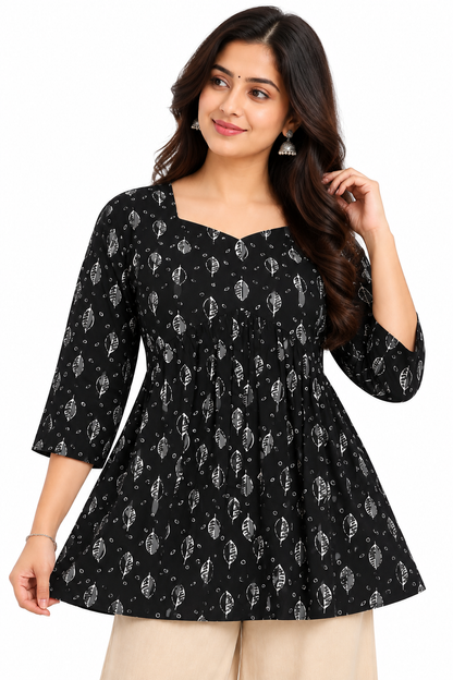Women's Black & White Leaf Print Peplum Kurta Top