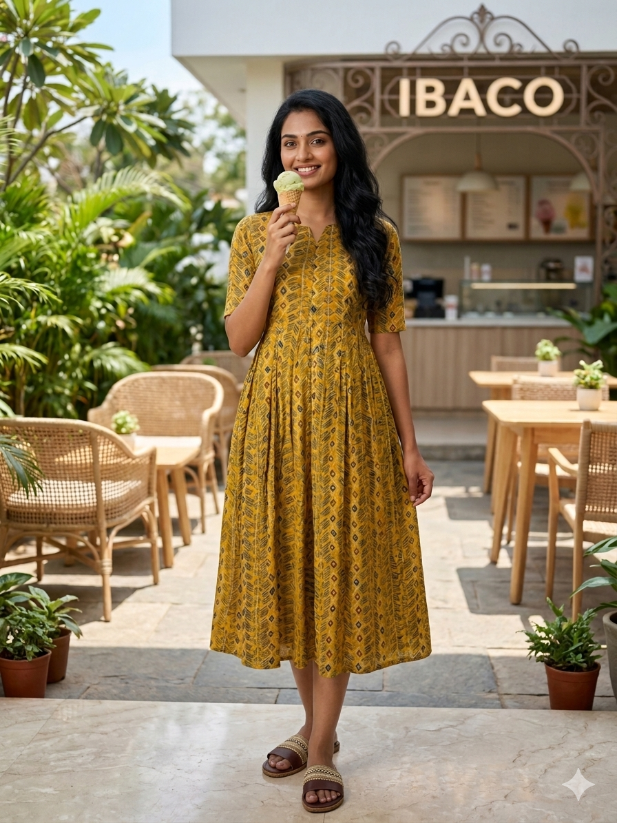 Mustard Yellow Leaf Printed Cotton Maxi