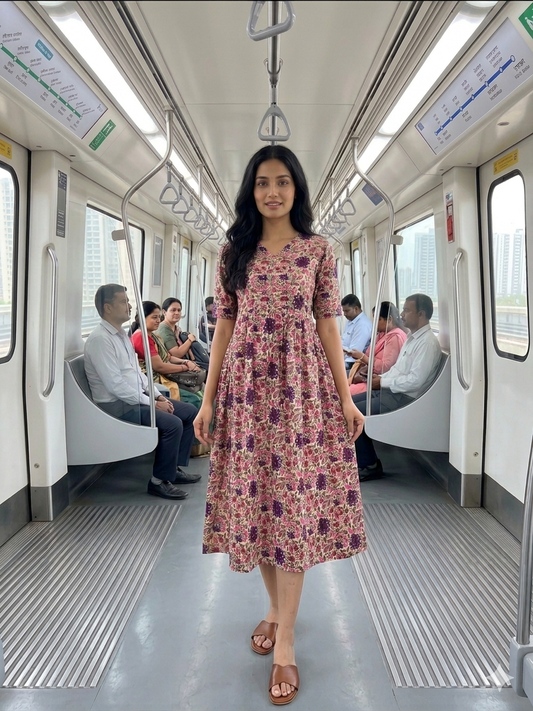 Beige Pink Purple Floral Printed Cotton Maxi