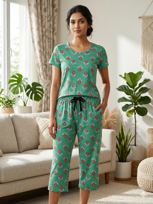 Green Floral Print T-Shirt and 3/4th Coords