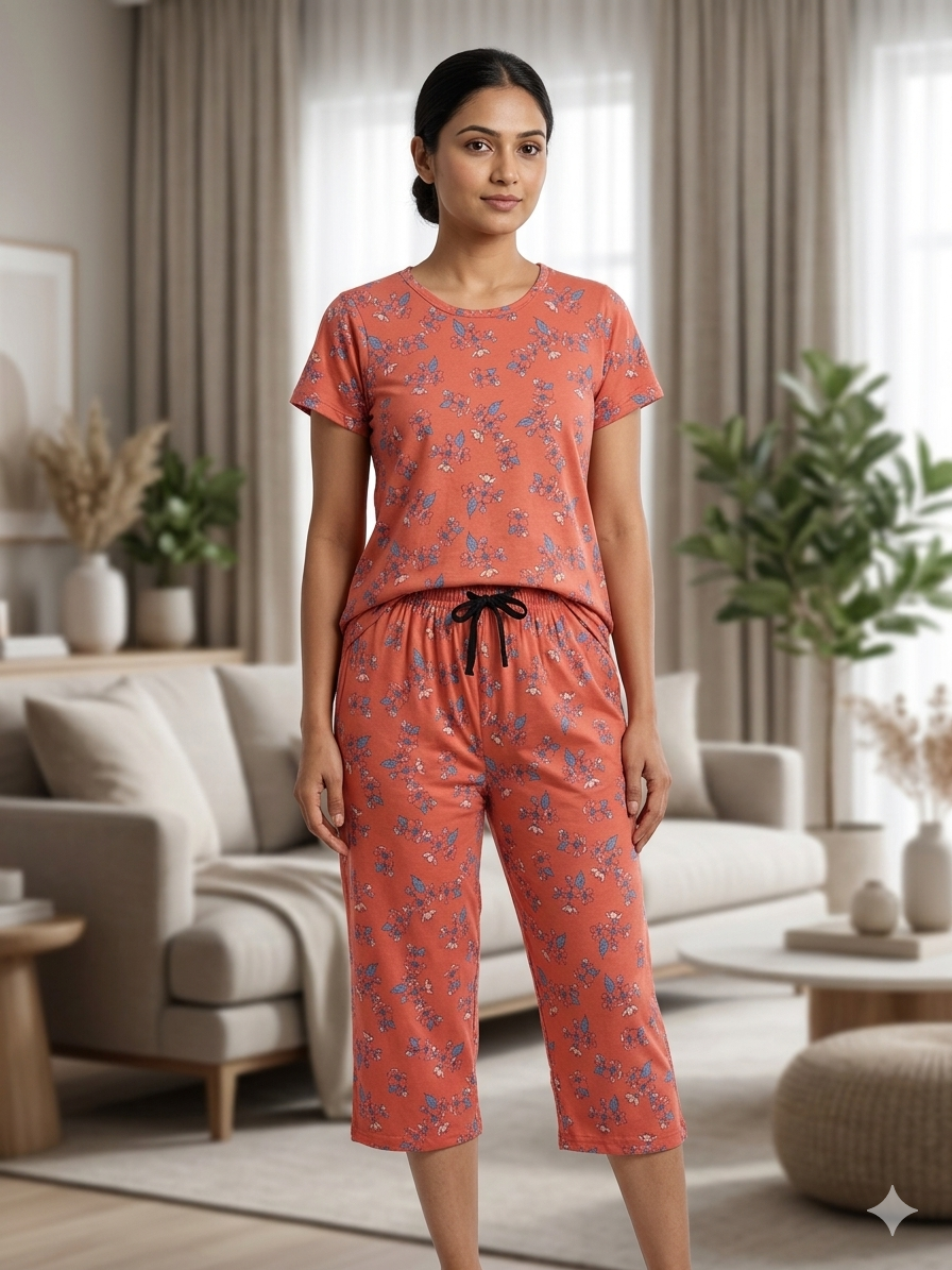 Coral Floral Print T-Shirt and 3/4th Coords