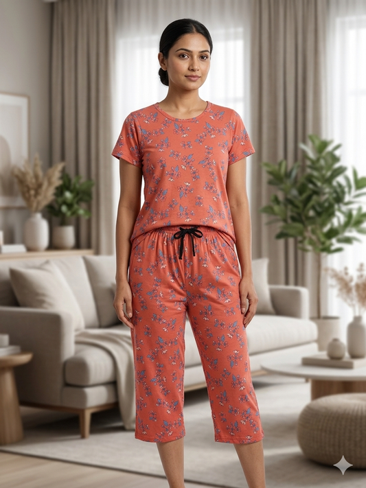 Coral Floral Print T-Shirt and 3/4th Coords