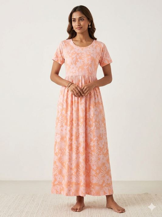 Peach Floral Print Lounge Frock