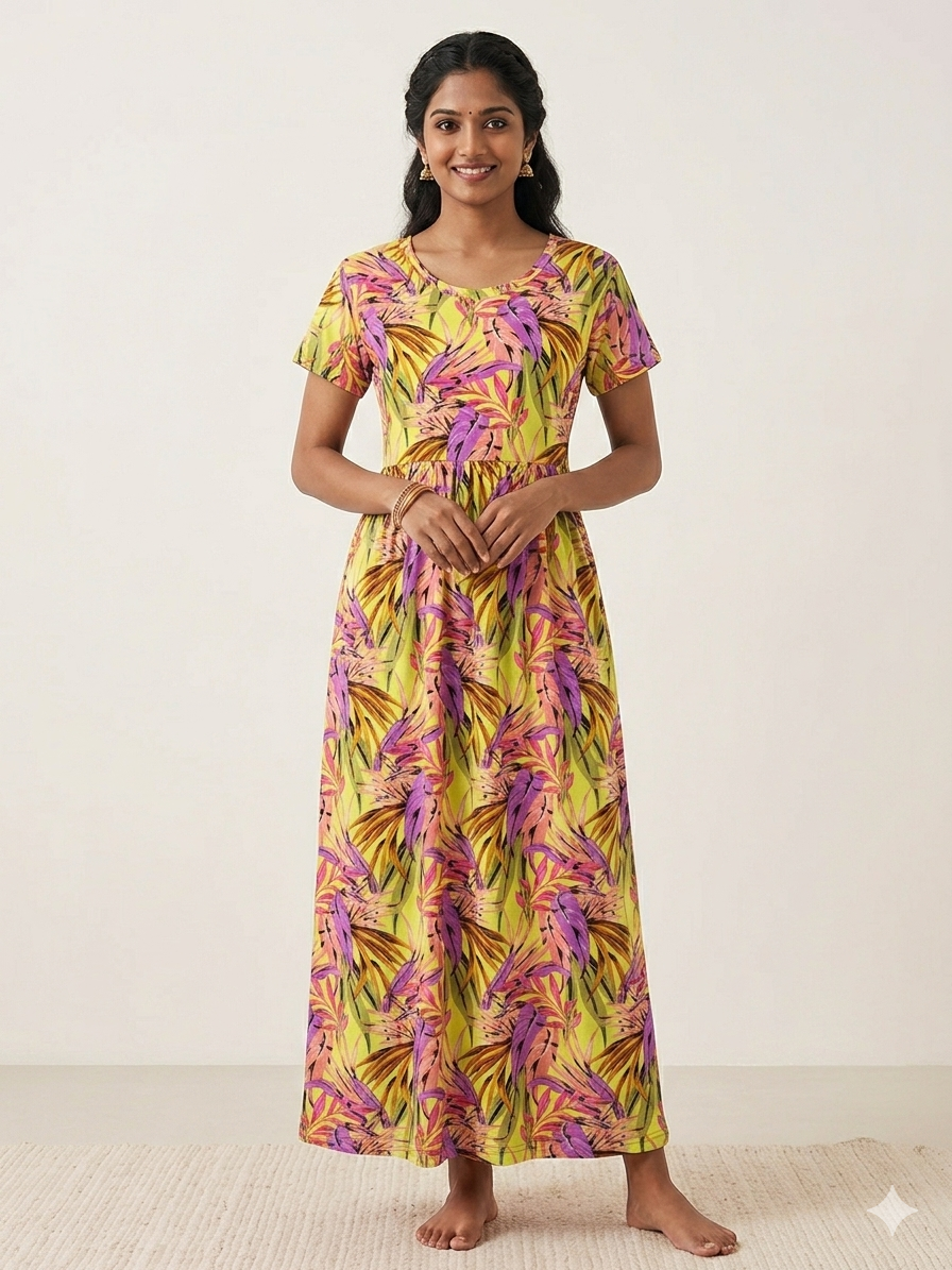 Lime Green Tropical Leaf Print Lounge Frock