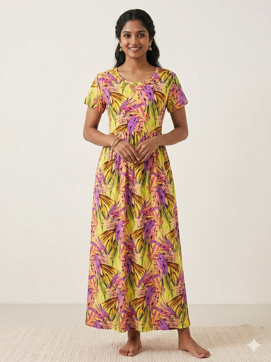 Lime Green Tropical Leaf Print Lounge Frock