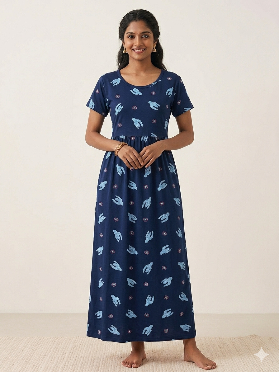 Navy Blue Cactus Print Lounge Frock