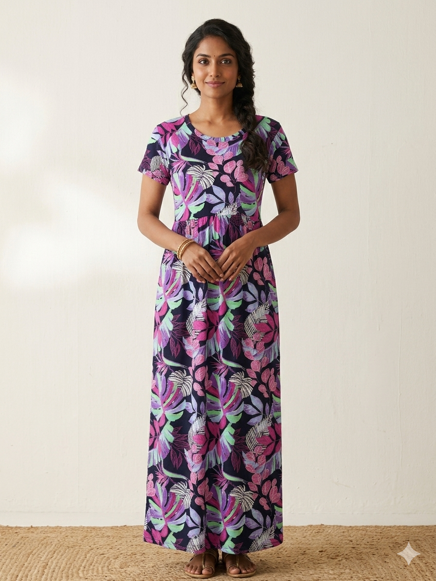 Black Tropical Leaf Print Lounge Frock