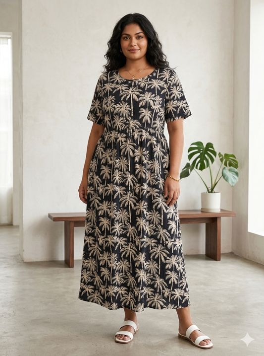 Black Palm Tree Print Crush Frock