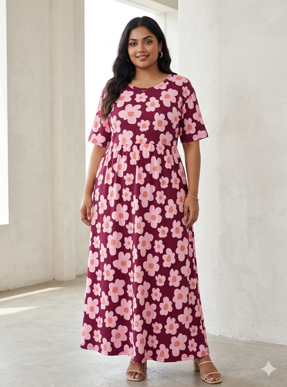 Wine Pink Floral Print Crush Frock