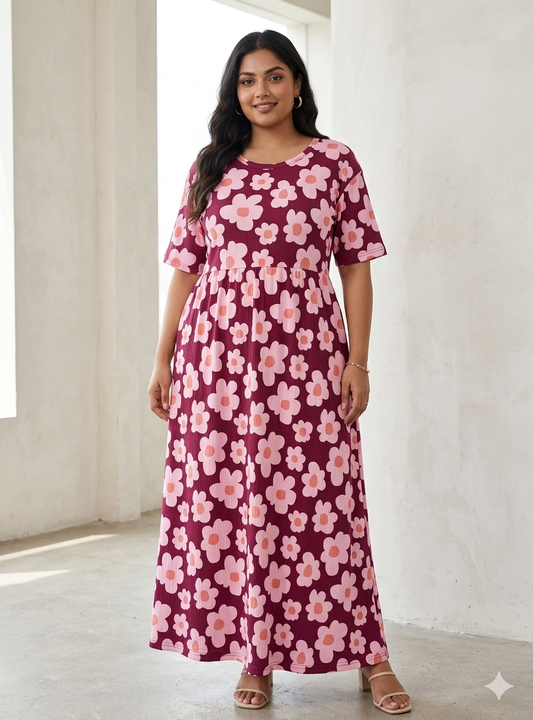 Wine Pink Floral Print Crush Frock