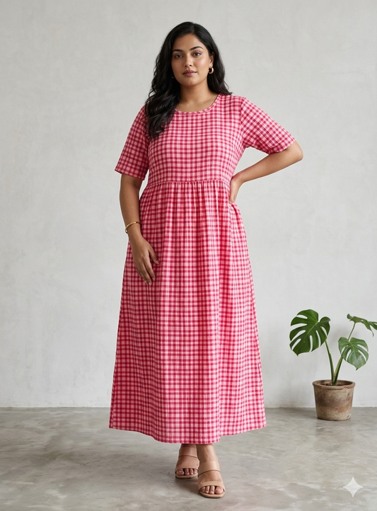 Pink Checks Print Crush Frock