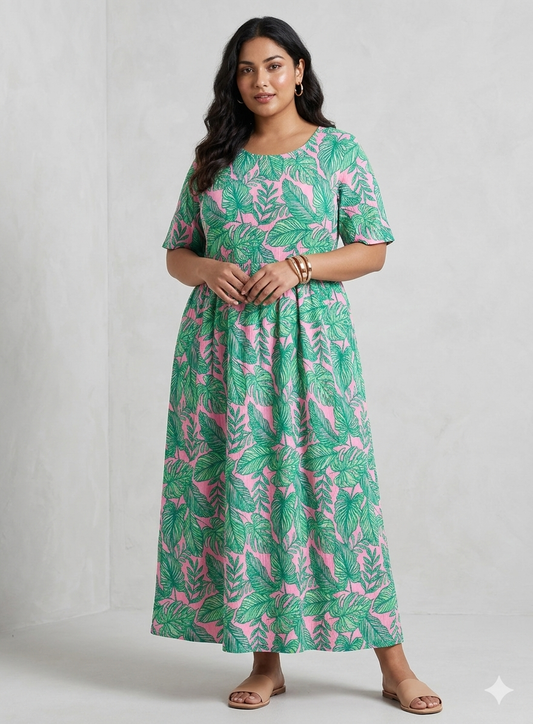 Pink Tropical Leaf Print Crush Frock
