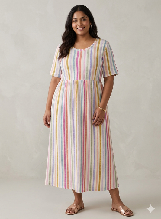 White Multicolor Stripe Print Crush Frock