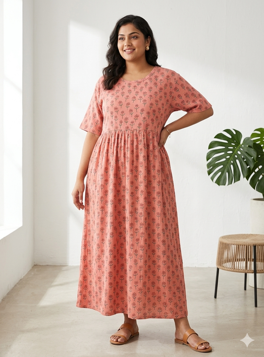 Peach Floral Print Crush Frock