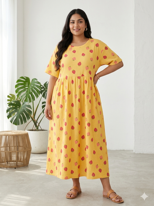 Yellow Strawberry Print Crush Frock