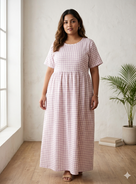 White Purple Checks Print Crush Frock