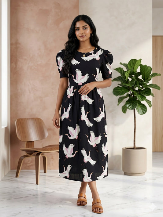 Black with White Flamingo's Printed Feeding Puff Sleeve Maxi