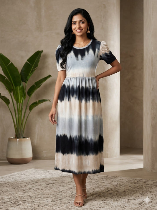Triple Colors Mixed Die-Tye Printed Feeding Puff Sleeve Maxi