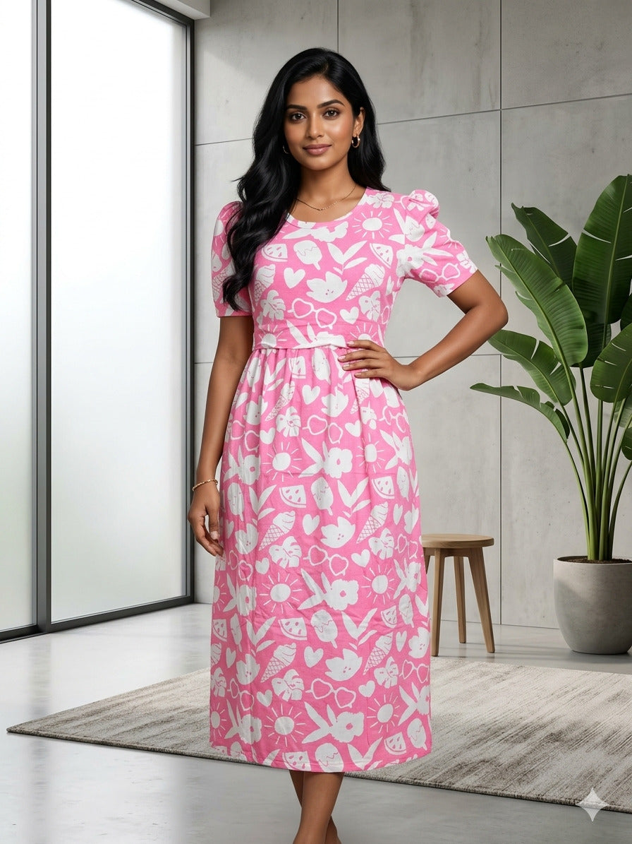 Light Pink with White Objects Printed Feeding Puff Sleeve Maxi