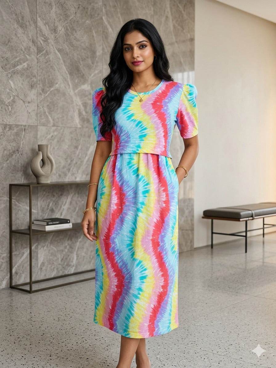 Multicolor Rainbow Pattern Printed Feeding Puff Sleeve Maxi