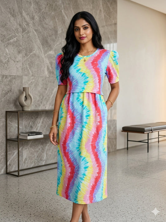Multicolor Rainbow Pattern Printed Feeding Puff Sleeve Maxi