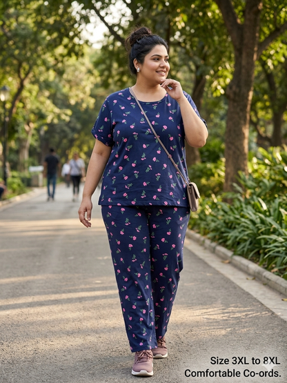 Navy Blue Floral Print T-Shirt and Palazzo Set