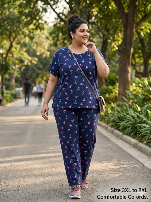 Navy Blue Floral Print T-Shirt and Palazzo Set