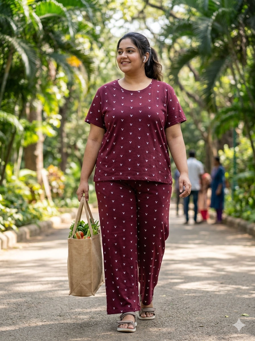 Maroon Mini Motif Print T-Shirt and Palazzo Set