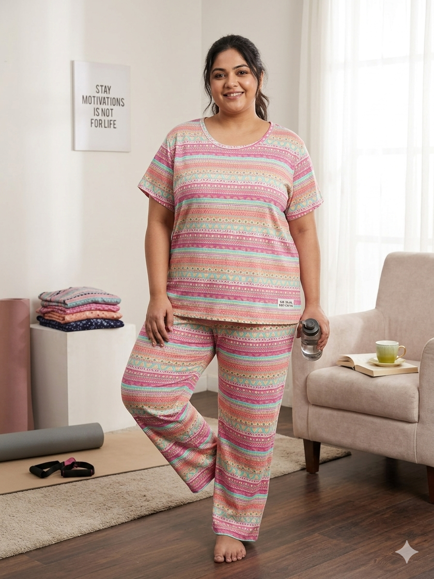 Pink Geometric Striped Print T-Shirt and Palazzo Set