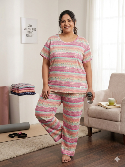 Pink Geometric Striped Print T-Shirt and Palazzo Set