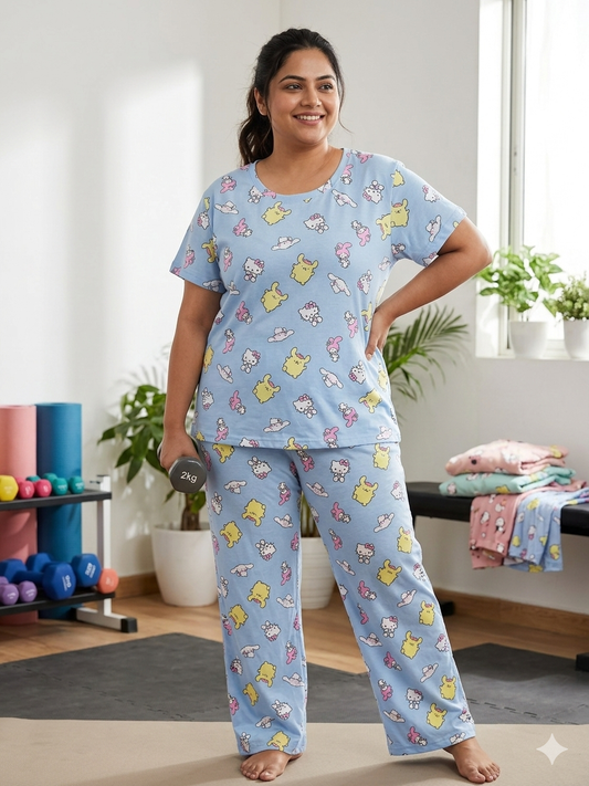 Light Blue Cartoon Character Print T-Shirt and Palazzo Set