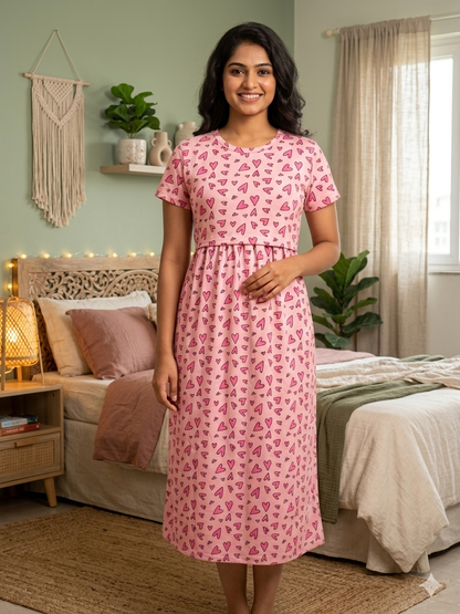 Light Pink Heart Print Feeding Maxi
