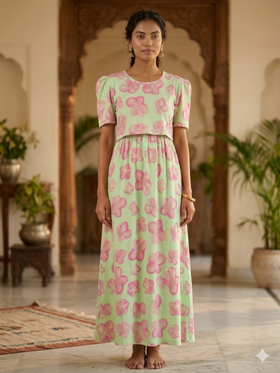 Light Green with Floral Printed Feeding Puff Sleeve Maxi
