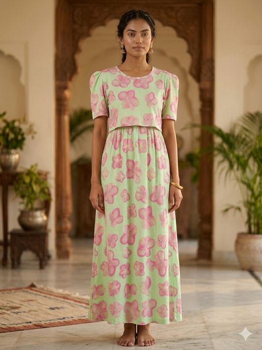 Light Green with Floral Printed Feeding Puff Sleeve Maxi