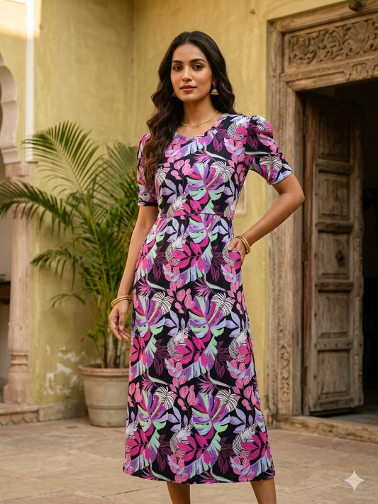 Black with Botanical Printed Feeding Puff Sleeve Maxi