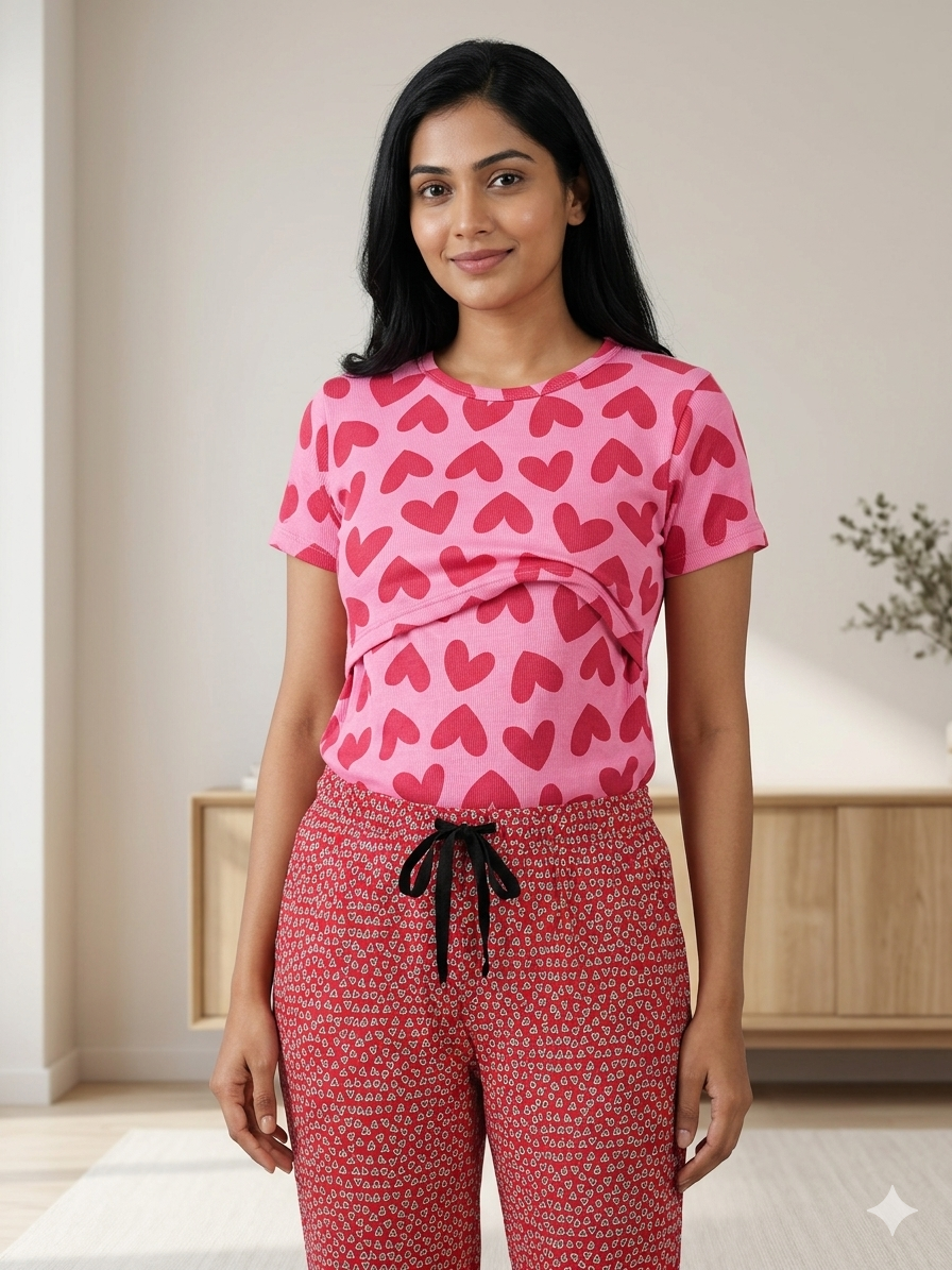 Pink with Red Hearts Printed Feeding Top and Pant Set