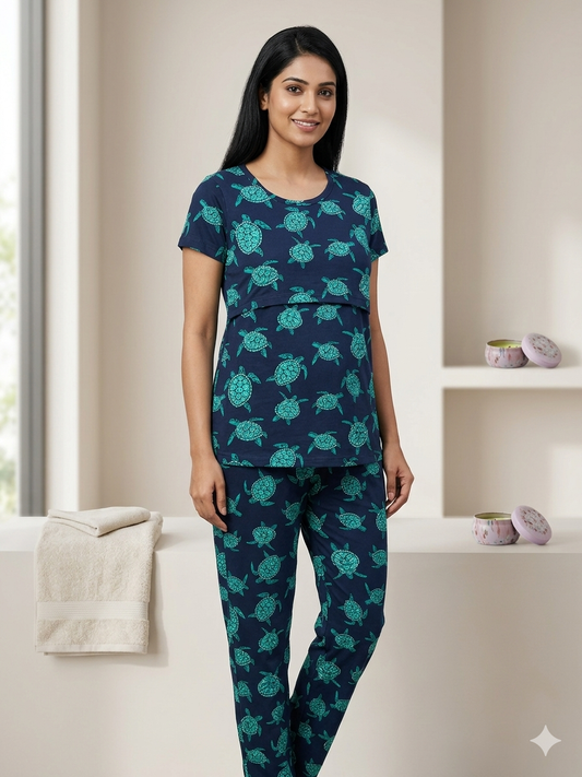 Navy Blue with Green Turtle Printed Feeding Top and Pant Set