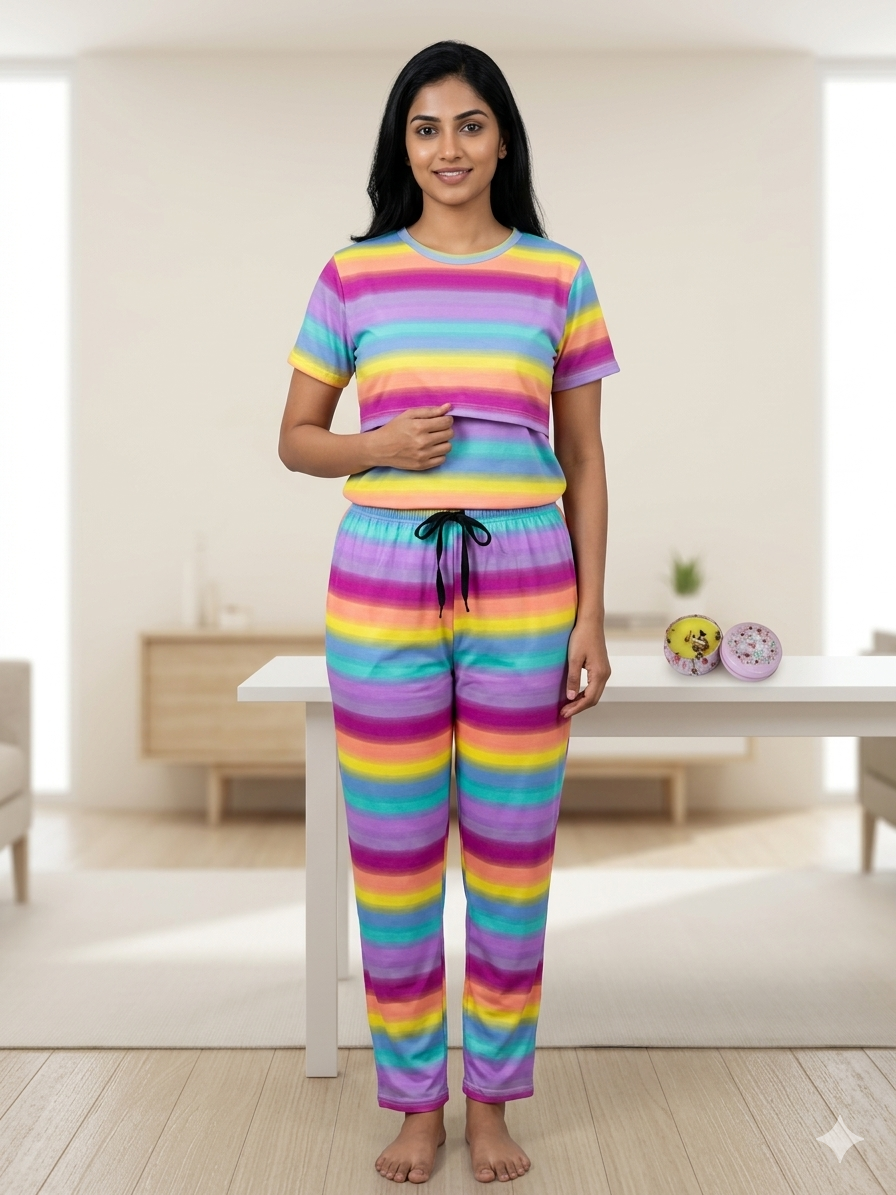 Ombre Color Stripes Printed Feeding Top and Pant Set