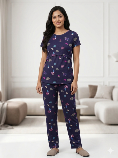 Navy Blue with Multicolor Rose Printed Feeding Top and Pant Set