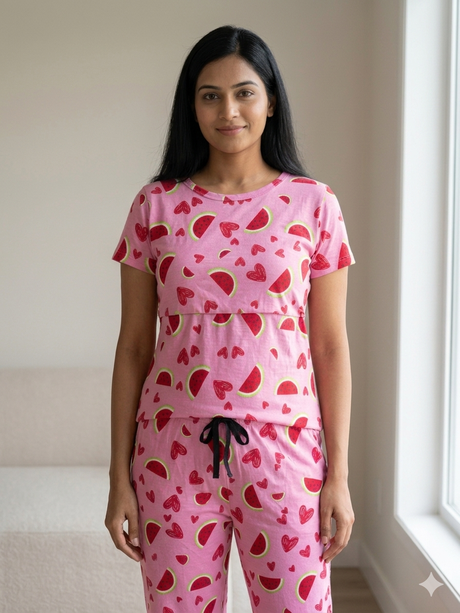 Pink with Fruity and Hearts Printed Feeding Top and Pant Set