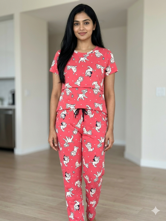 Pink with White Doggy Printed Feeding Top and Pant Set
