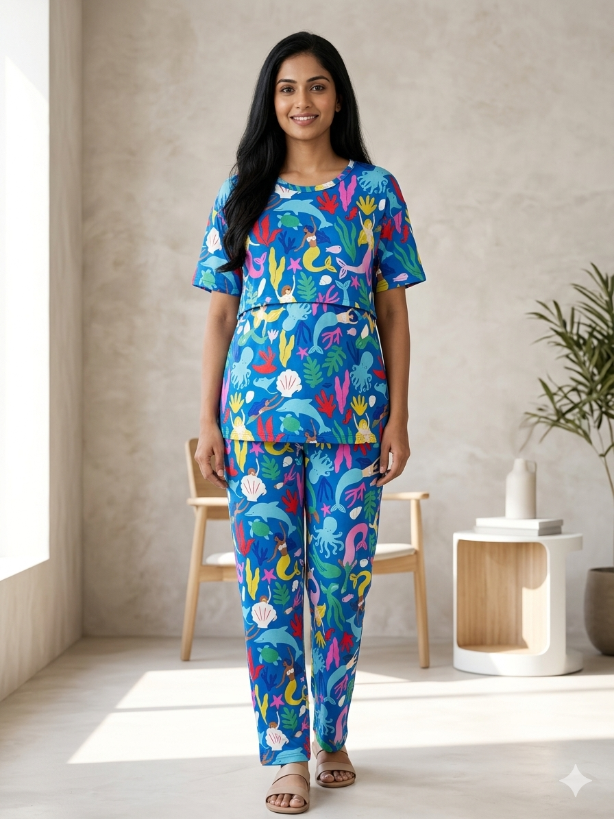 Sea Blue with Ocean Objects Printed Feeding Top and Pant Set