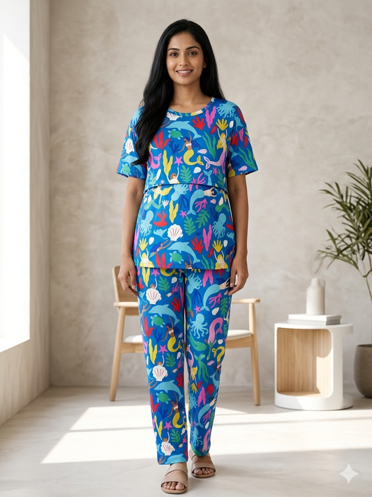 Sea Blue with Ocean Objects Printed Feeding Top and Pant Set