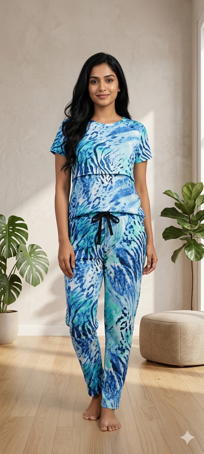 Green and Blue Art Designs Printed Feeding T-shirt and Pant Coords