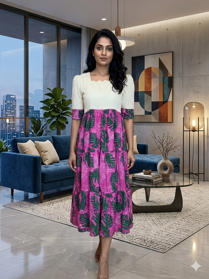 Half White Violet Floral Printed Hakoba Feeding Maxi