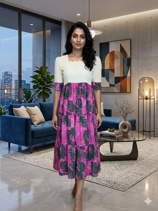 Half White Violet Floral Printed Hakoba Feeding Maxi