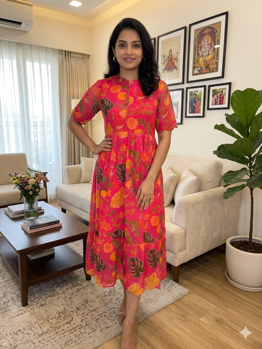 Pink Fruit Floral Printed Georgette Center Zip Maxi