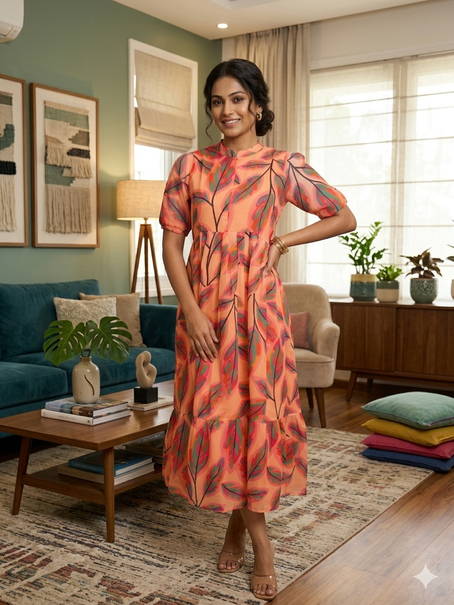Peach Tropical Leaf Printed Georgette Center Zip Maxi