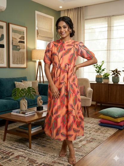 Peach Tropical Leaf Printed Georgette Center Zip Maxi