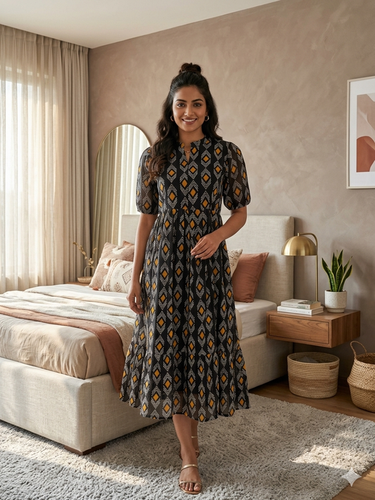 Black White Yellow Pattern Printed Georgette Center Zip Maxi
